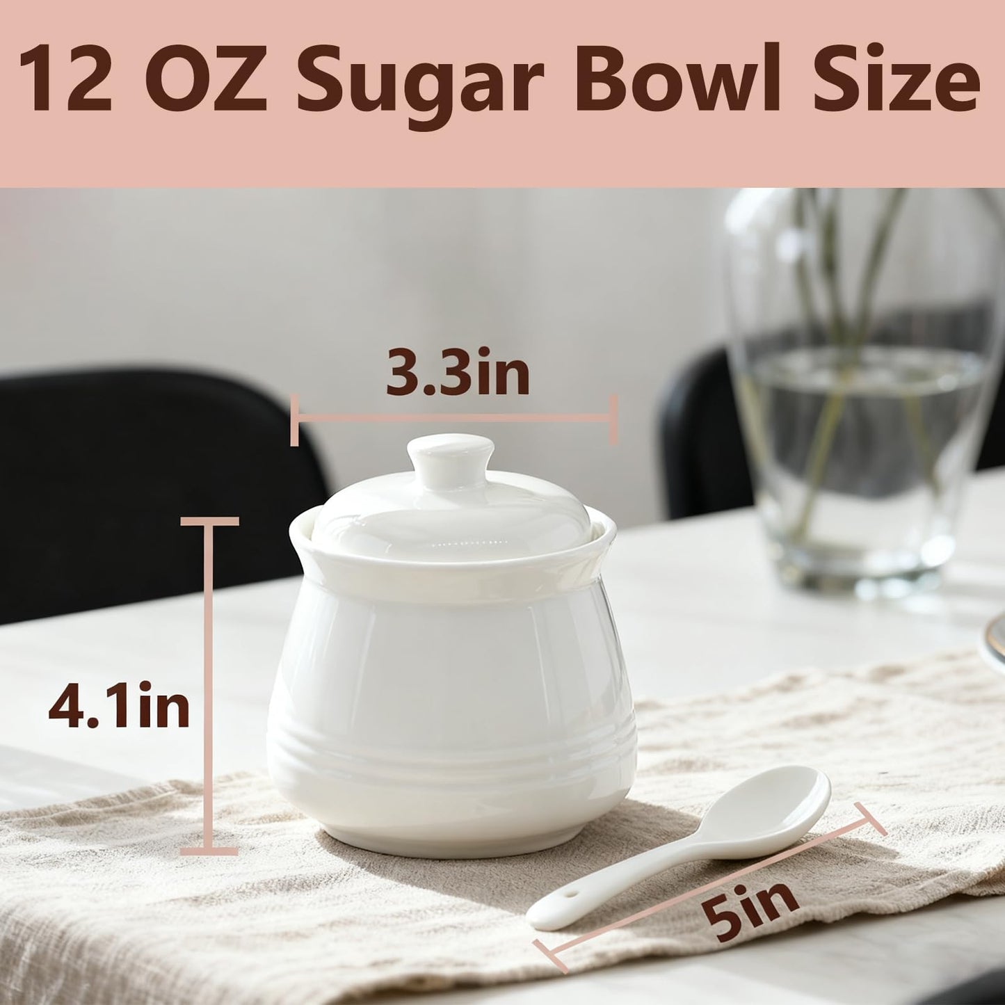 Fcreimd Sugar Bowl Porcelain Sugar Jar, Ceramic Sugar Container with Lid and Spoon, 12 Ounces, White