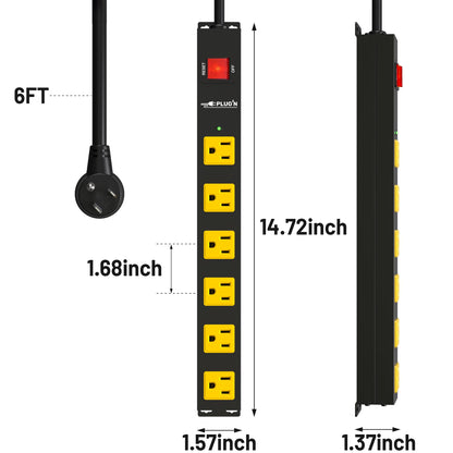 Power Strip 2700J Surge Protector, 6 Outlet Heavy Duty Power Strips with Flat Plug and 6FT Long Cord, Wall Mountable Metal Outlet Strip for Desk, Garage, Workbench and Kitchen