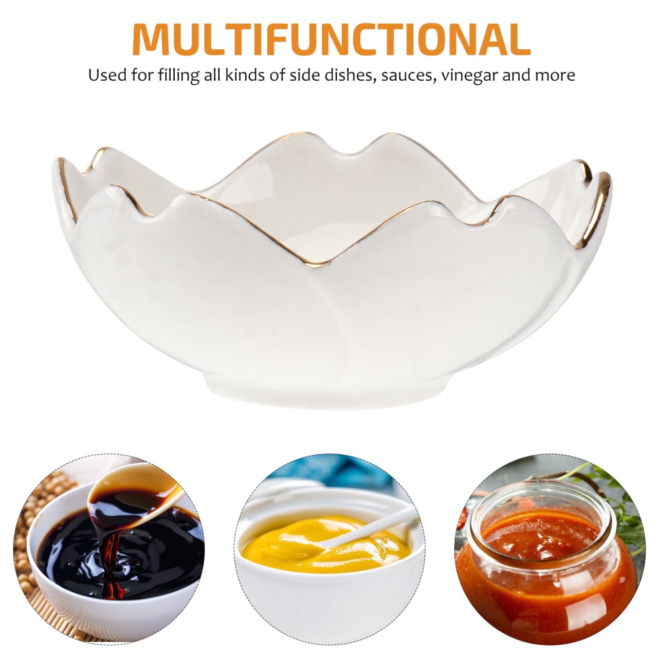 Housoutil Ceramic Cherry Blossom Soy Sauce Dish, 2PCS Dipping Bowls, Soy Sauce Bowls with Gold Trim, 2.75 Inch Dipping Serving Dishes for Appetizer Bbq Dessert Snack Serving （White）