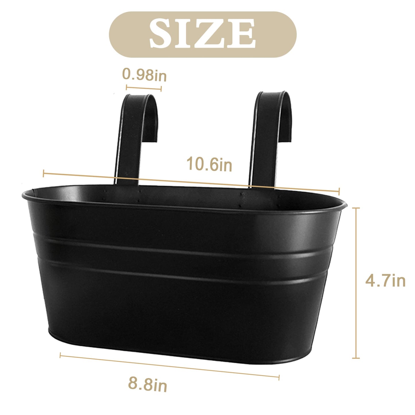 XXFBJNMD 5 Pack 10.6 Inch Metal Hanging Flower Pot Oval Metal Railing Planter Balcony with Detachable Hook Indoor Outdoor Decor for Railing Fence Balcony Garden （Black）