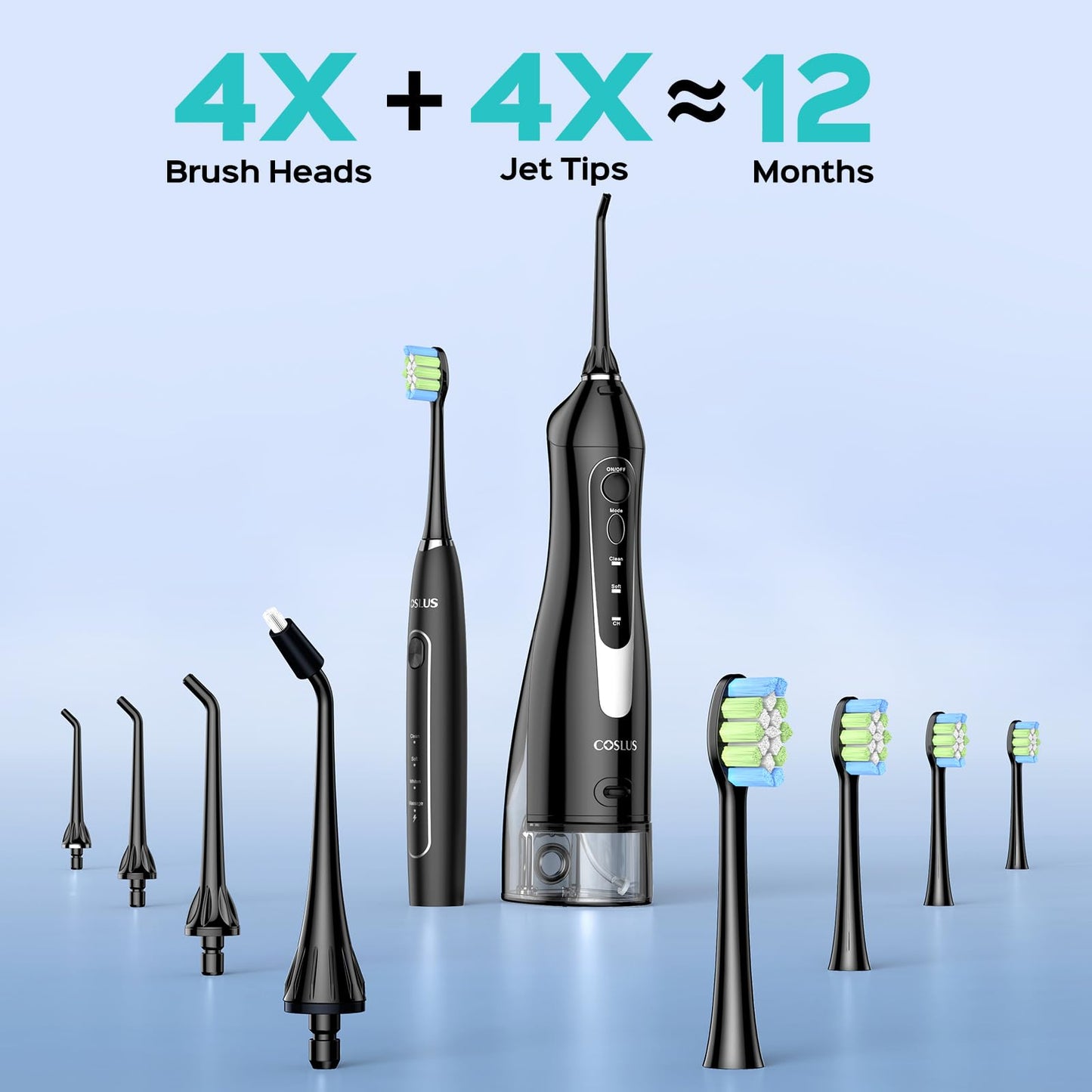 COSLUS Portable Water Flosser with Electric Toothbrush Combo: 2-in-1 Oral Clean Kit for Teeth, Braces, Gums Care - Brushing & Flossing for Adults, Family, Travel Use, BPA-Free, Black, C20 & C41