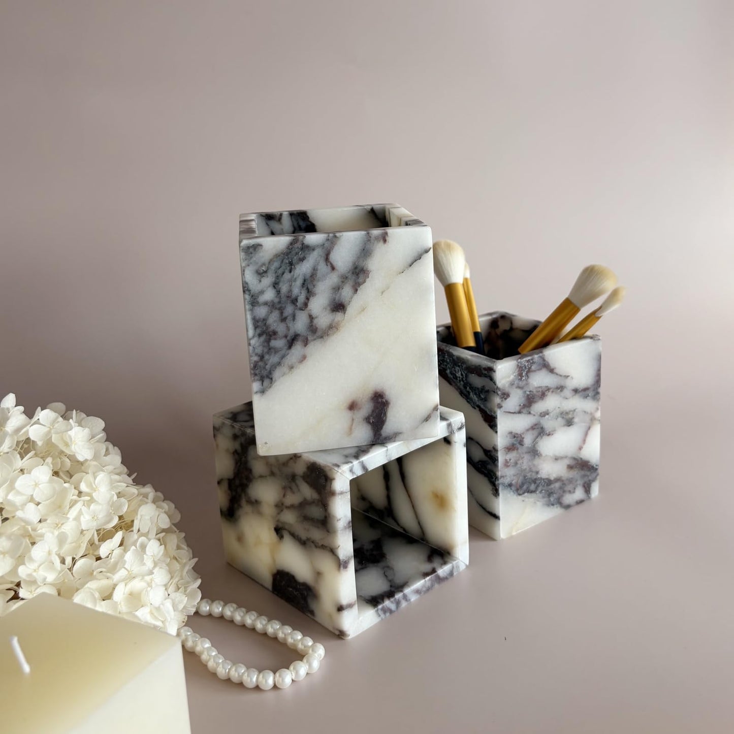 StonePlus Natural Marble Stone Square Storage Container Empty Vessel Holder Cup for Candle/Pens/Sundries items (Calacatta Purple)