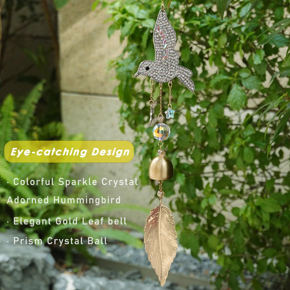 Hummingbird Rhinestone Hanging Bell for Window Garden Decor with Suncatcher