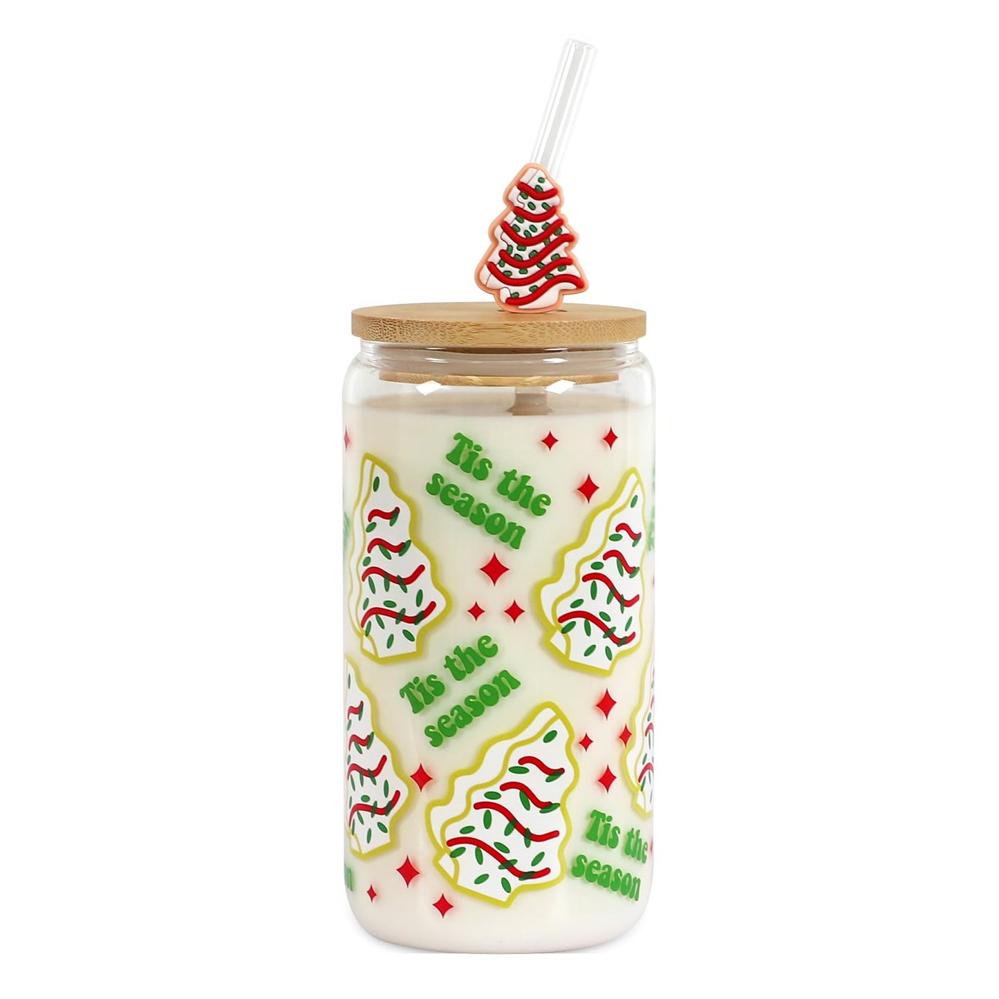 Joyseller Christmas Gift Glass Cup, Christmas Iced Coffee Tumbler with Festive Holiday Tree Cakes Design, 18oz Reusable Beer Can Drinking Glass for Holiday Tea & Winter Beverages