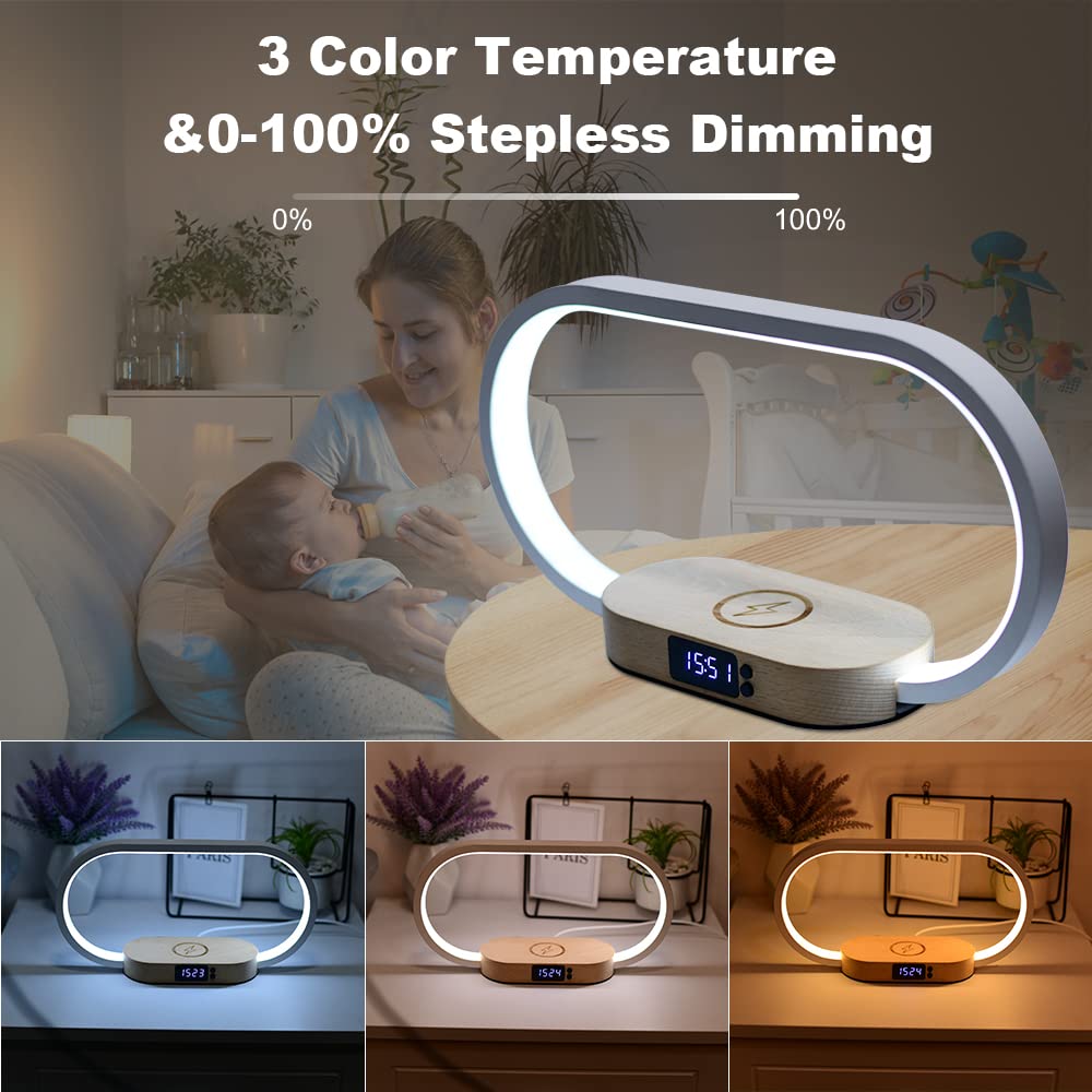Donewin Bedside Lamp with Wireless Charger,Wooden Table Lamp with Charging Station,Touch Nightstand Lamp with Clock,3 Color Stepless Dimming Touch Lamp for Bedroom,Unique Gifts for Women