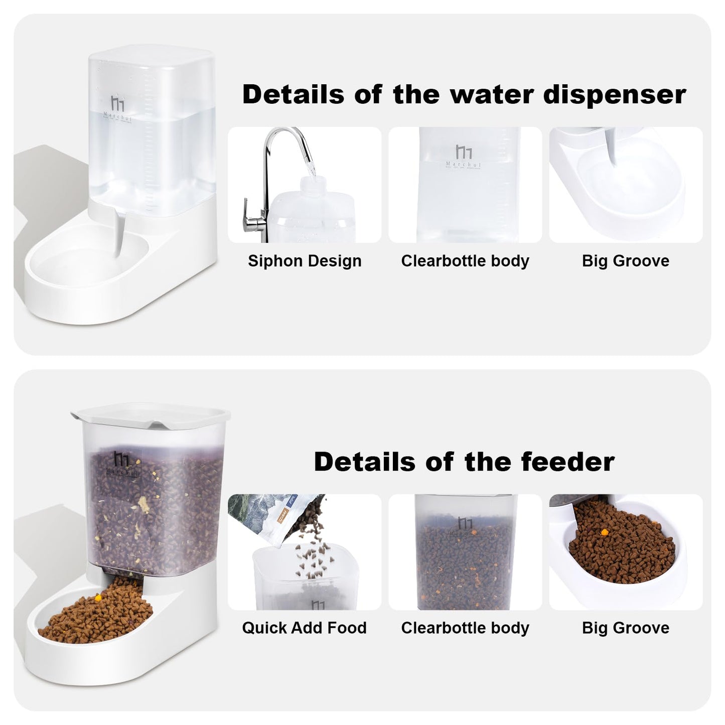 Marchul Pets Automatic Feeder and Waterer Set, Dogs Cats Food Feeder and Water Dispenser 3.8L, 2 in 1 Cat Food Water Dispensers for Small Medium Big Pets