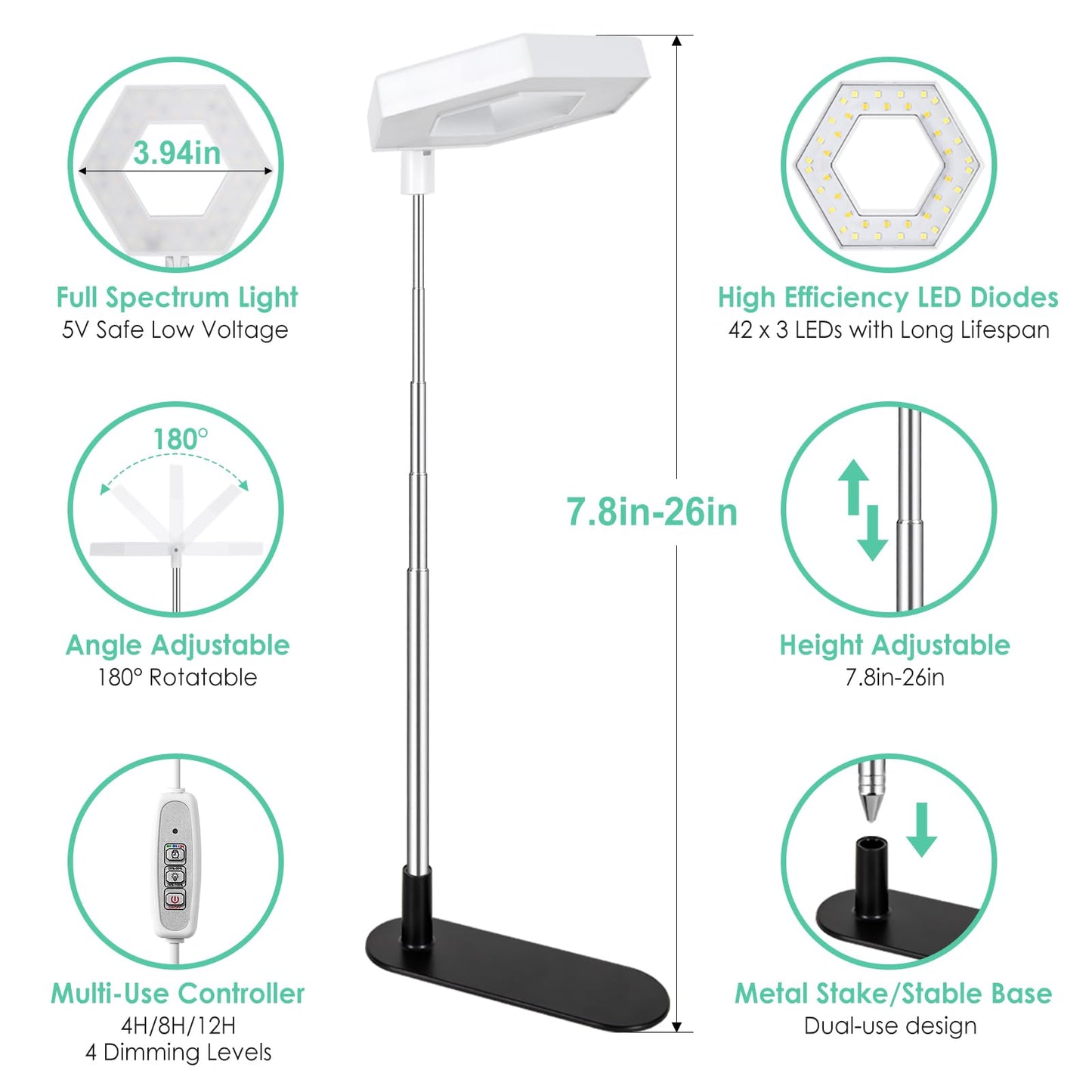 FOXGARDEN Plant Light, 126LEDs Grow Light for Indoor Plants, Full Spectrum Desk Growing Lamp with Detachable Base, Height Adjustable 7.8"-26" with Auto Timer 4H/8H/12H, 4 Dimmable Brightness, 3 Pack