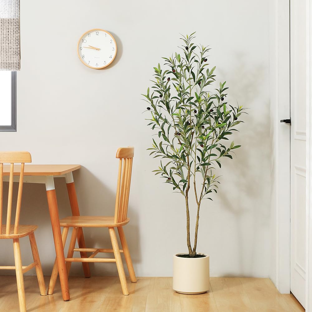 LOMANTO Artificial Olive Trees, 5 ft Tall Fake Olive Trees for Indoor, Faux Olive Silk Tree, Large Olive Plants with White Planter for Home Decor and Housewarming Gift, 1 Pack