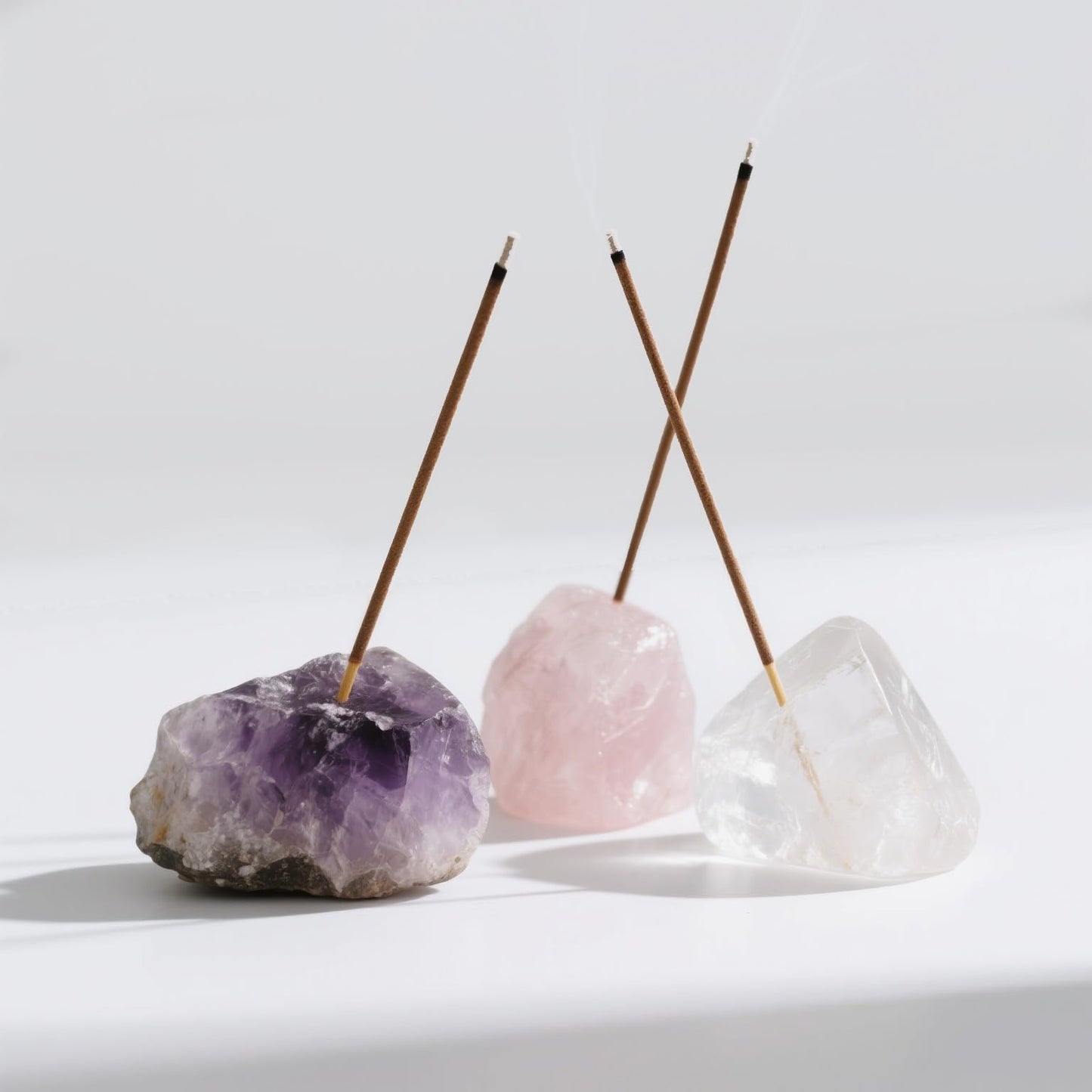 Natural Raw Crystal Incense Holder Set - 3 Unpolished Amethyst/White Quartz/Pink Stone (3-5cm), Aromatherapy Gift for Meditation, Yoga & Home Decor, Healing Energy Stone