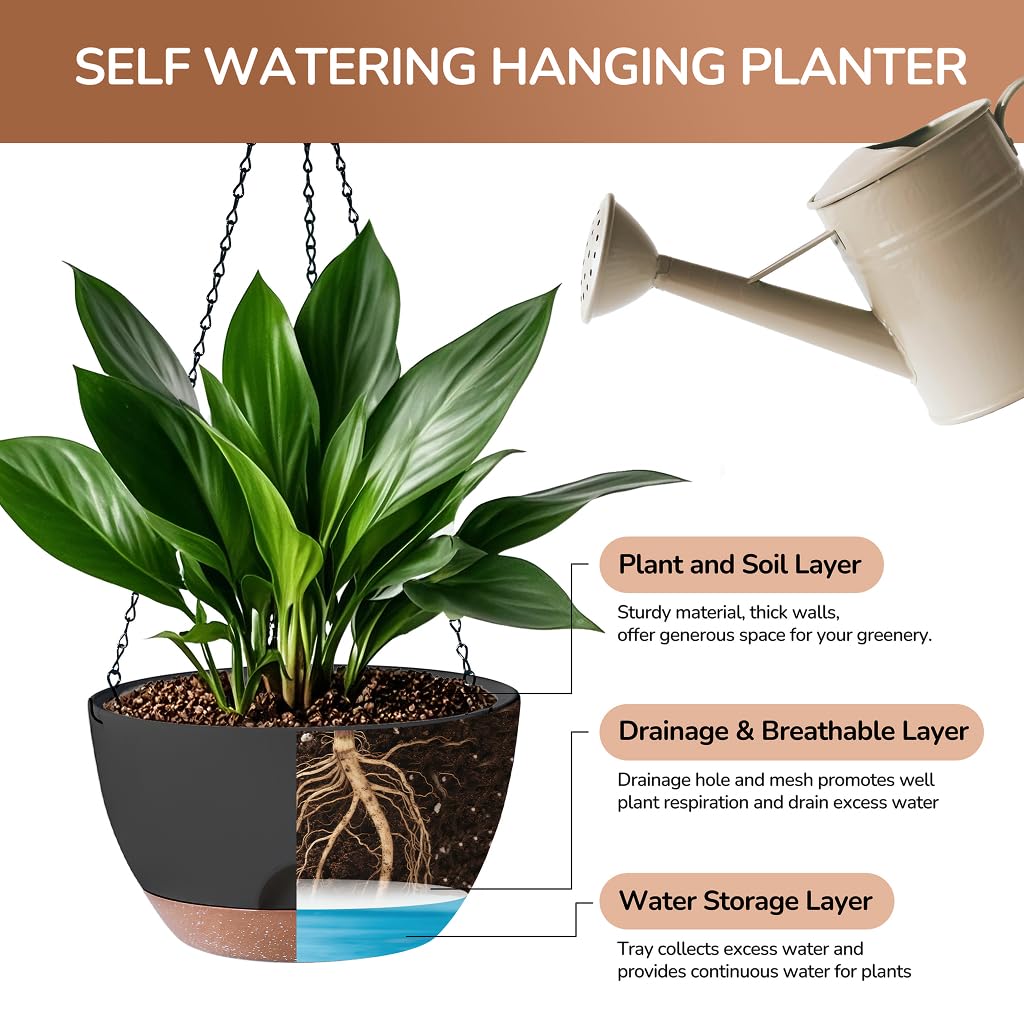 LESOASIS Hanging Planter for Indoor Plants, 10 Inch Self-Watering Hanging Planters with Drainage Holes and Chain, Set of 2 Outdoor Hanging Pots for Garden Home