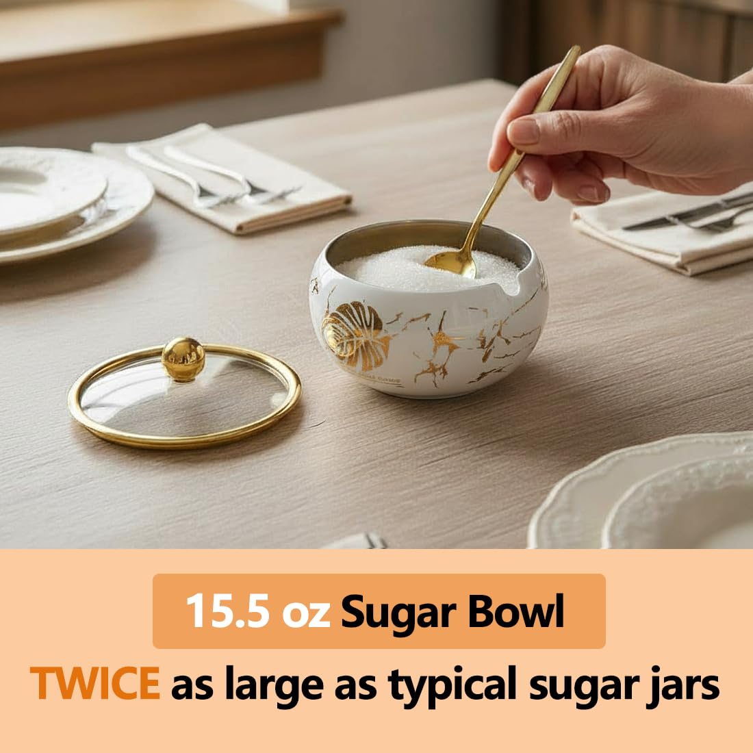 15OZ Sugar Bowl with Glass Lid and Spoon, Sugar Container of Coffee Bar Accessories, Stainless Steel Jar for Salt, Tea, Brown Sugar Cube, Dishwasher Safe, Kitchen Decor Countertop Storage, White