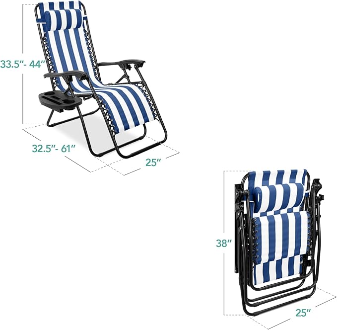 Best Choice Products Set of 2 Adjustable Steel Mesh Zero Gravity Lounge Chair Recliners w/Pillows and Cup Holder Trays - Mediterranean Blue Striped