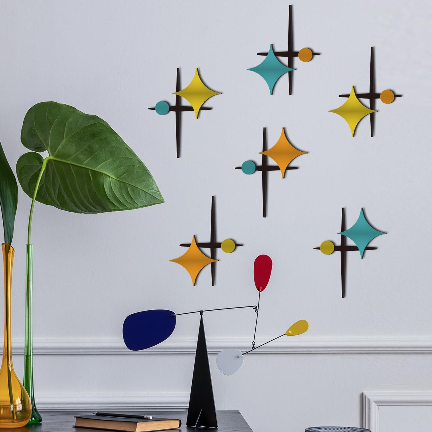 LiveInUrban Starburst Mid Century Modern Wall Decor, Retro Cross Star Atomic Stars Acrylic Wall Art 6PCS