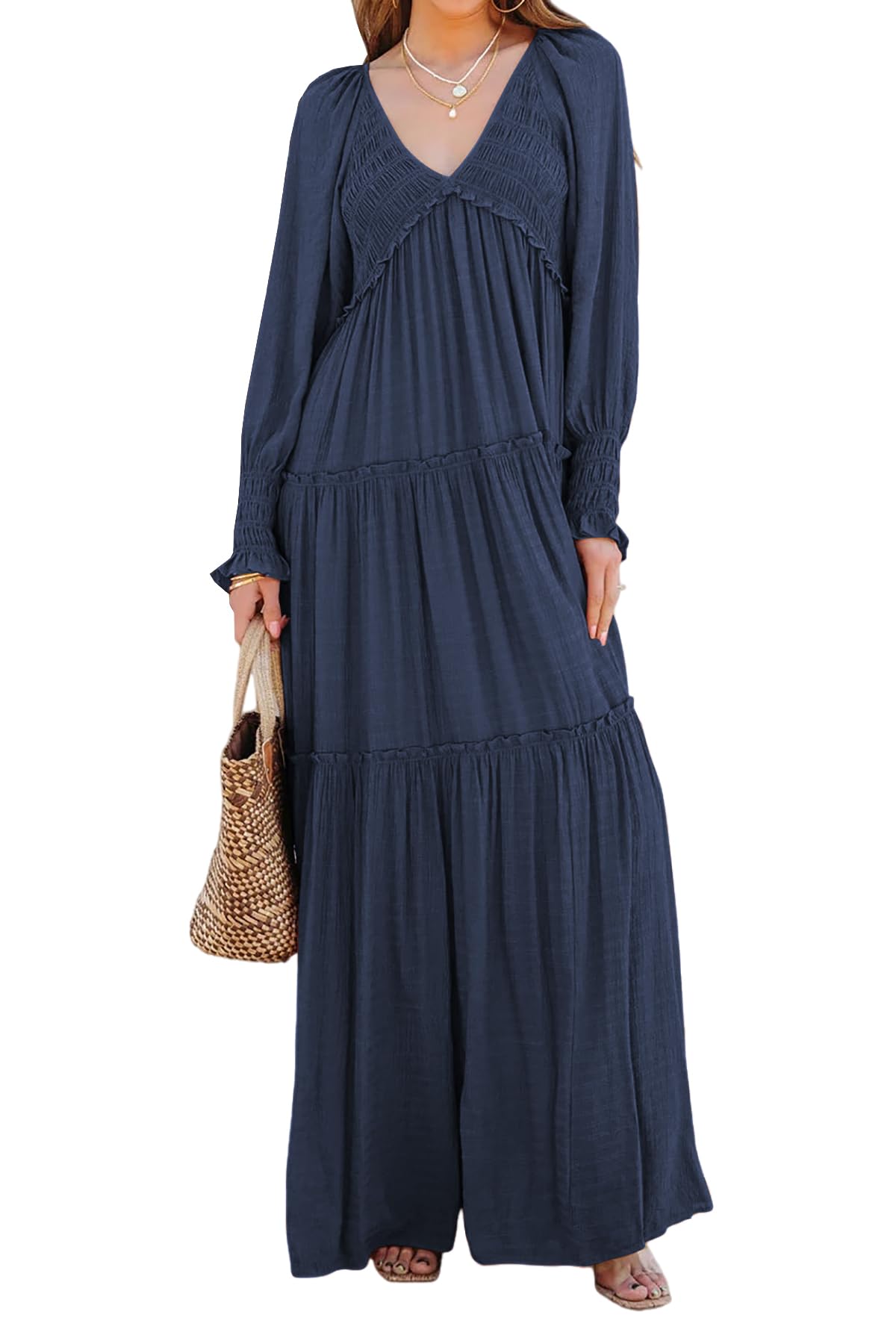 R.Vivimos Maxi Dress for Women Long Sleeve V Neck Empire Waist Layered Ruffle Boho Casual Flowy Long Dresses