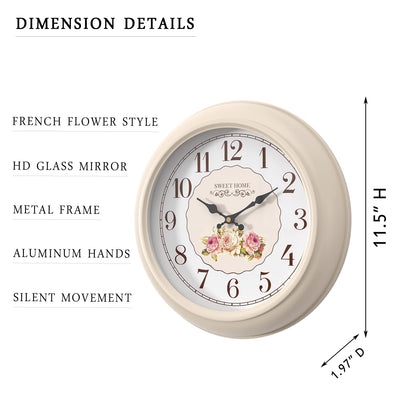 Abdurey Sweet French Rose Style Wall Clock, Battery Operated Silent, Creamy White Decorative Wall Clocks for Living Room, Farmhouse, Bedroom, Bathroom, Dining Room 11.5"