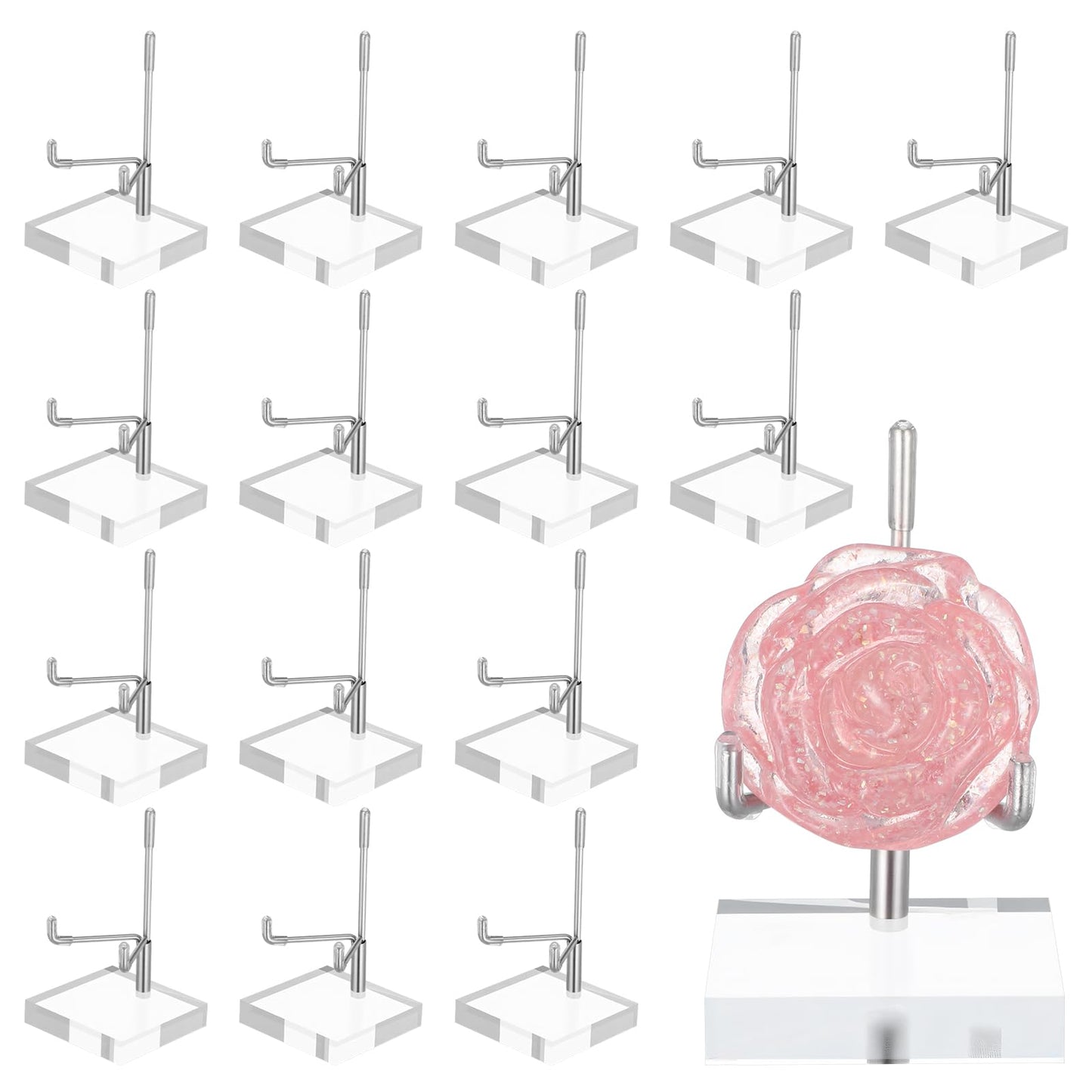 MBAIYO 16Pcs Adjustable Metal Arm Display Stand with Acrylic Base Display,Easel Holder for Rock Mineral Agate Fossil Coral Crystal Geodes Picture Decorative(Silver,1.96x1.96x3.22In)