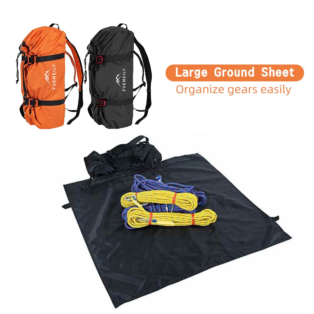 FUEMEILY Rock Climbing Rope Bag, Large Capacity Folding Rope Storage Backpack with Ground Sheet, Adjustable Straps Outdoor Climbing Gears Black