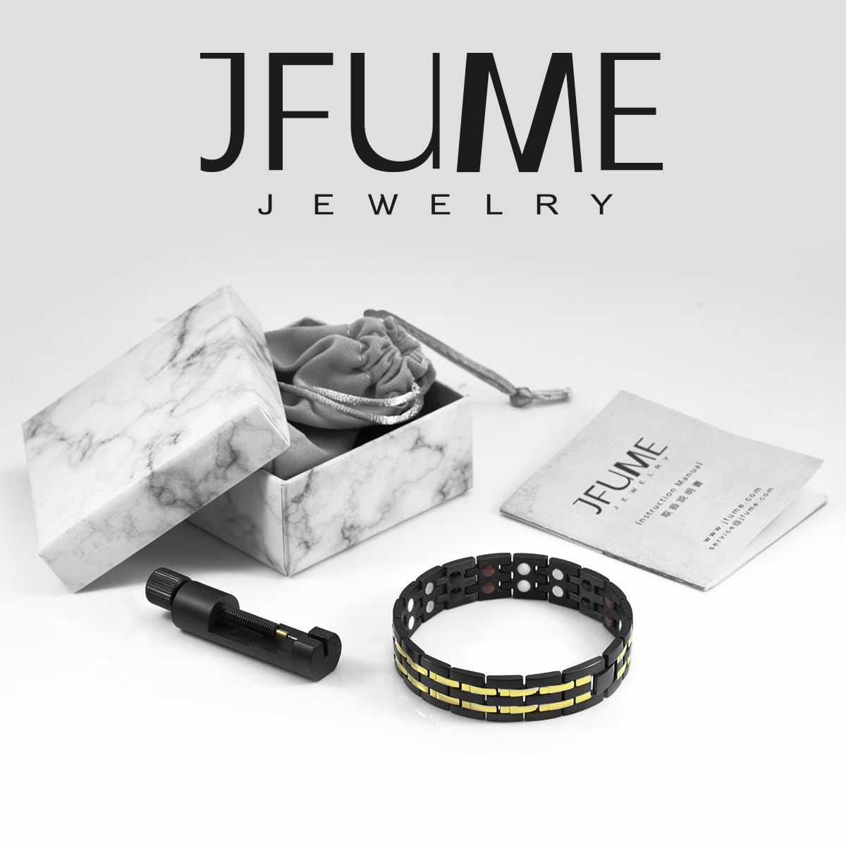 JFUME Magnetic Bracelets for Men 18k Gold Plating and PVD Black Stainless Steel with Link Removal Tool 8.5" Adjustable