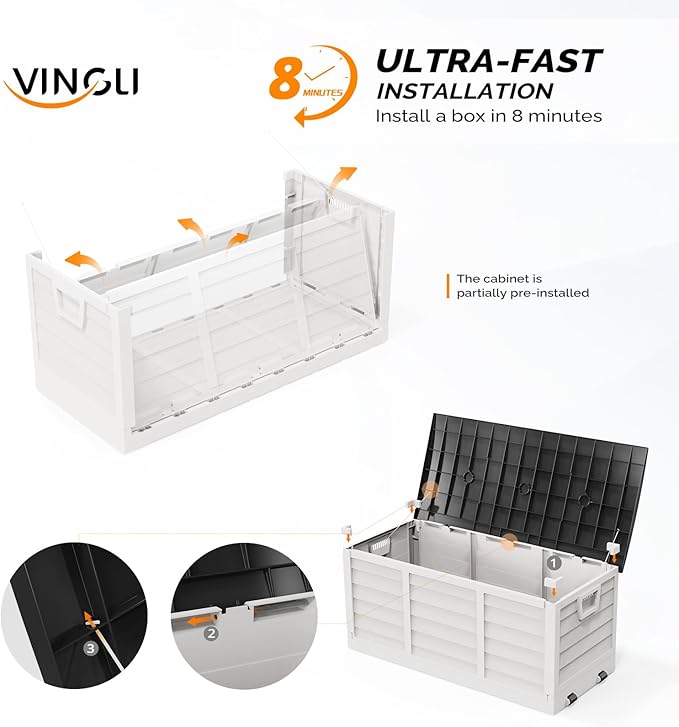 VINGLI 75 Gallon Collapsible Outdoor Storage Box, Simple-to-assemble Plastic Storage Containers with Lid, Patio Deck Box Furniture for Garden, Pool, Balcony, Yard (White)