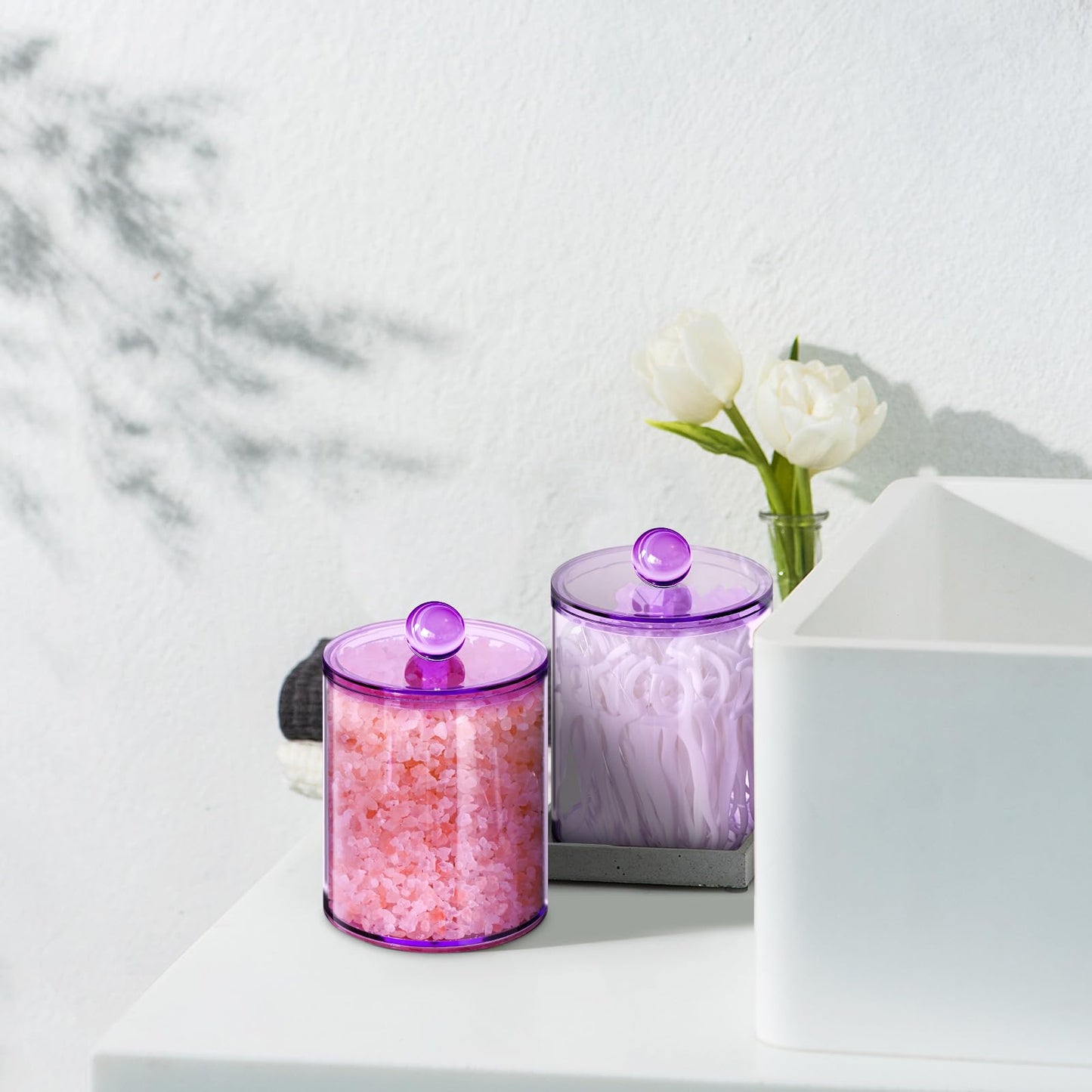 XIPENGKEJI 6 Pack Qtip Holder,Canister Apothecary Jar Set, Bathroom Jars with Lids Set for Cotton Swabs, Balls, Pads, Floss Picks,10oz-12oz Plastic Canisters Restroom Bedroom Vanity Organizer(Purple)