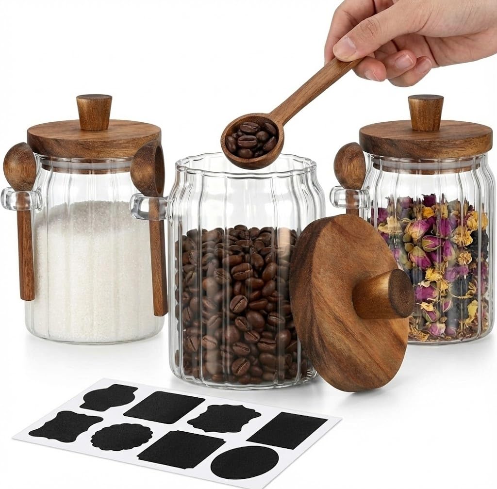 FUYIHGL® 3PCS Glass Storage Jars with Wooden Lids & Spoons – 20oz Airtight Canister Set with DIY Blank Labels – Decorative Small Containers for Coffee Bar, Bath Salts, Sugar, Spice & Overnight Oats