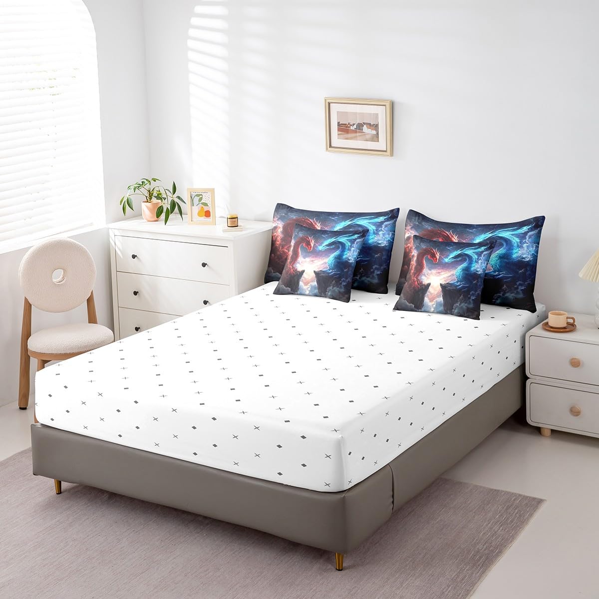 7 Pieces Blue Red Dragon Comforter Set Queen,Western Magical Animal Bed Set for Kids Boys Girls,Fire and Ice Bedding(1 Comforter,1 Fitted Sheet,1 Flat Sheet,2 Pillowcases,2 Throw Pillow Cover)
