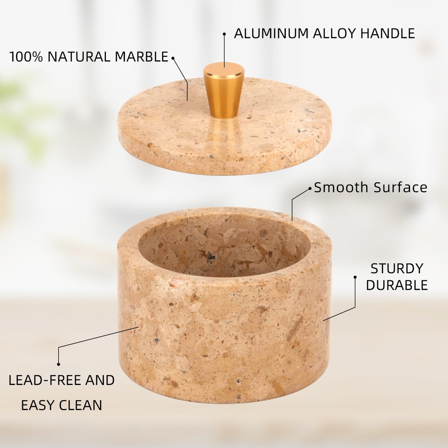 Stonemanus Marble Salt Cellar with Lid, 4 inch Natural Stone Salt Pepper Box, Alloy Lid for Kitchen Countertop Storage (Mud yellow, 4 * 3.5)