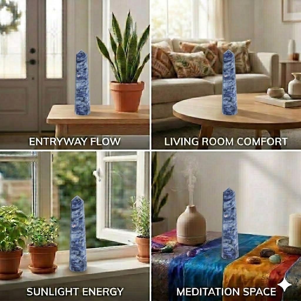 Jet Sodalite Obelisk Tower – Natural Polished Crystal Point for Home Decor & Desk Display, Gift-Ready Tower (3-3.5 Approx), Deep Blue Sodalite Crystal