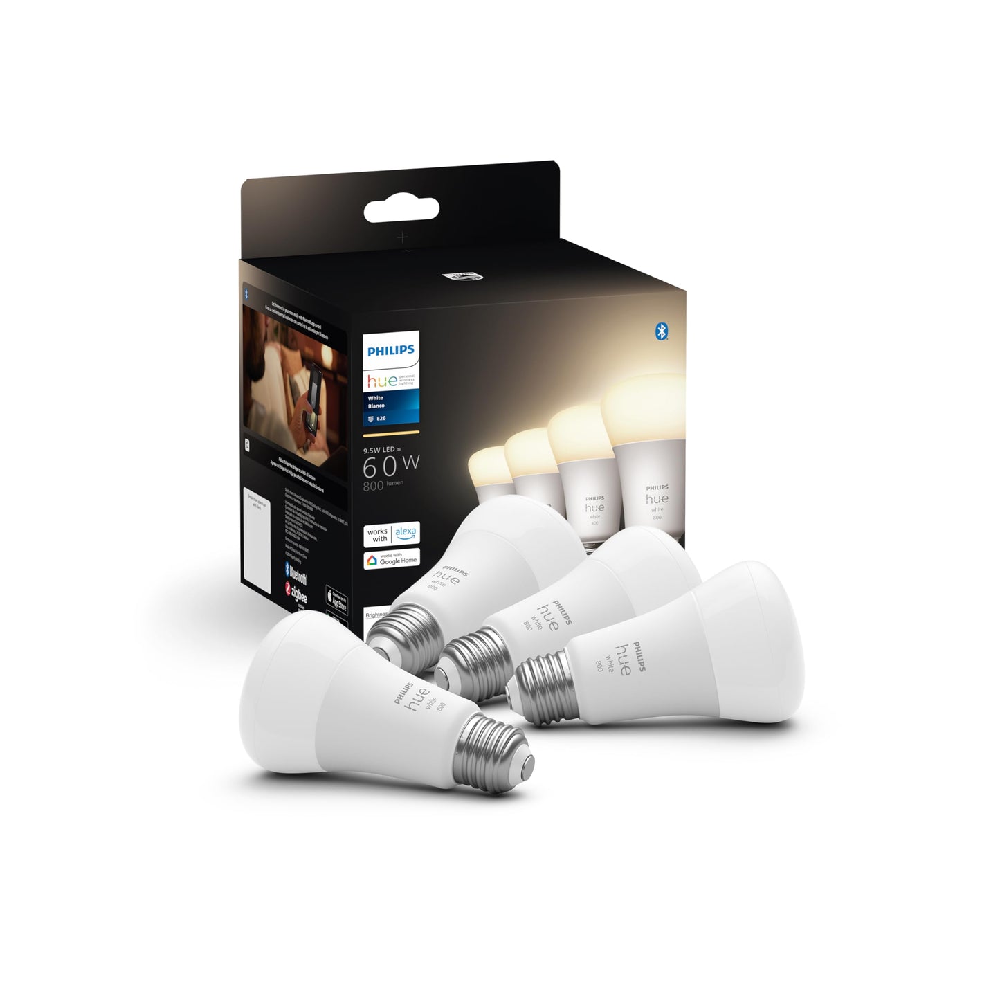 Philips Hue Smart 60W A19 LED Bulb - Soft Warm White Light - 4 Pack - 800LM - E26 - Indoor - Control with Hue App - Works with Alexa, Google Assistant and Apple Homekit