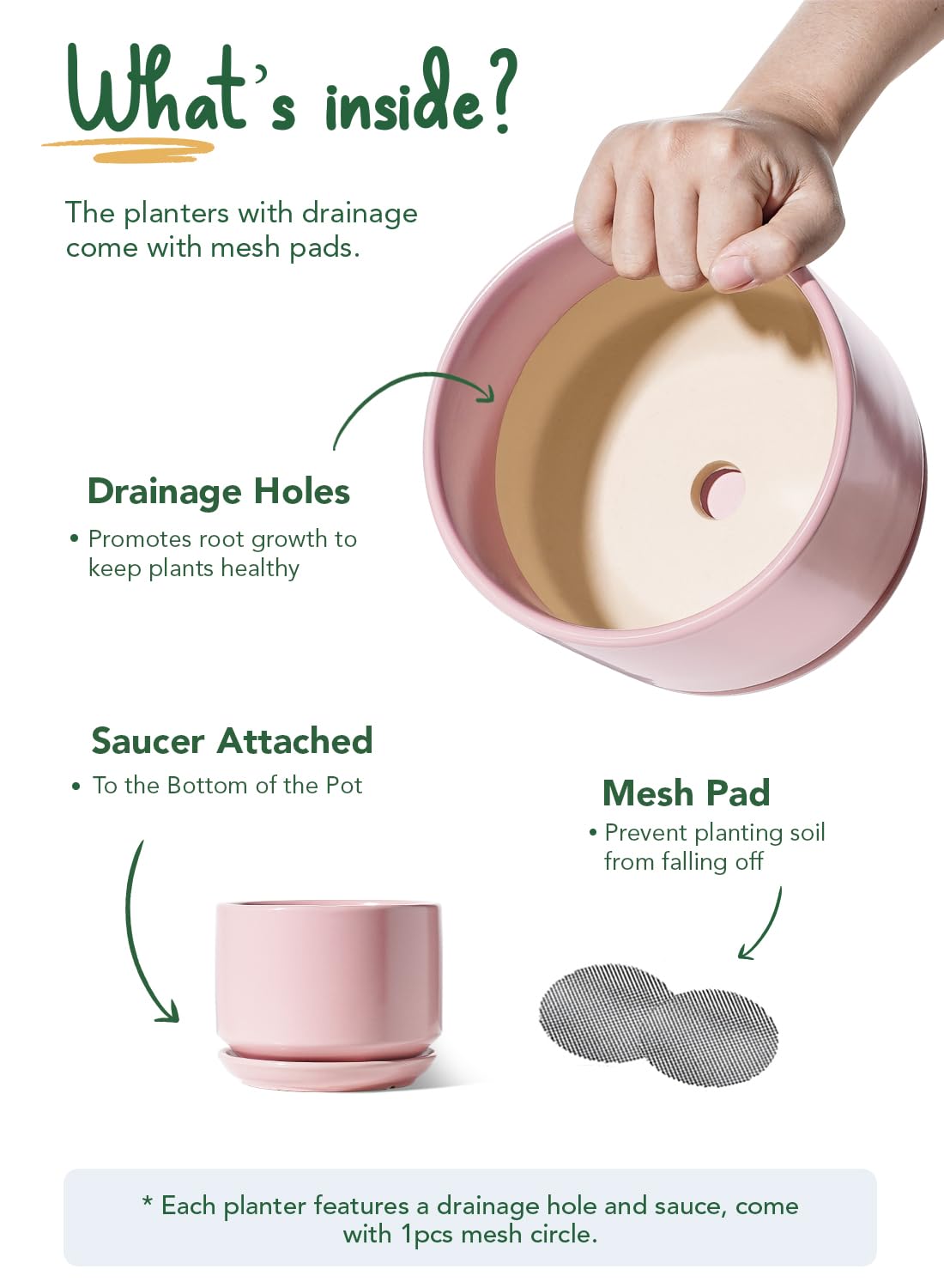 LE TAUCI Ceramic Plant Pots, 4.3+5.3+6.8 inch, Set of 3, Planters with Drainage Hole and Saucer, Indoor Flower Pot with Hole Mesh Pad, Gifts for Mom, Pink
