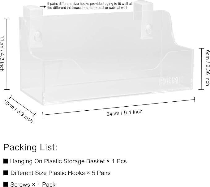 Bedside Caddy Hanging Storage Basket Little Size Plastic Beside Shelf Hang-on