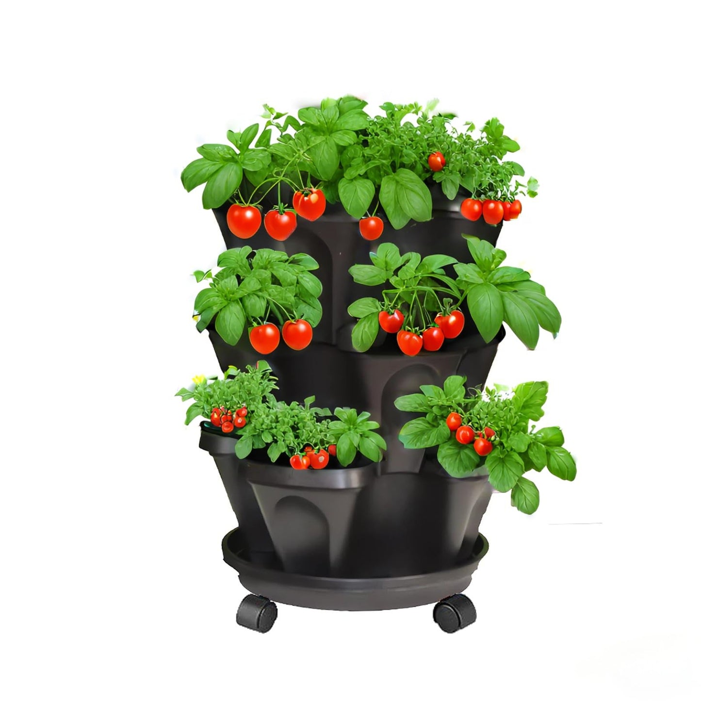 Lykvrii Strawberry Planters, 3 Tiered Vertical Stackable Planter, Herb Stacking Tower Garden, Flower Vegetable Planters with Support Pole, Indoor & Outdoor with Removable Wheels - Dark Grey