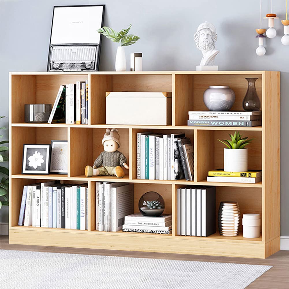 IOTXY Open Shelf Low Bookcase - Wooden 3-Tier Floor Standing Display Cabinet Organizer with Base, 10 Cubes Short Horizontal Bookshelf in Pear Yellow