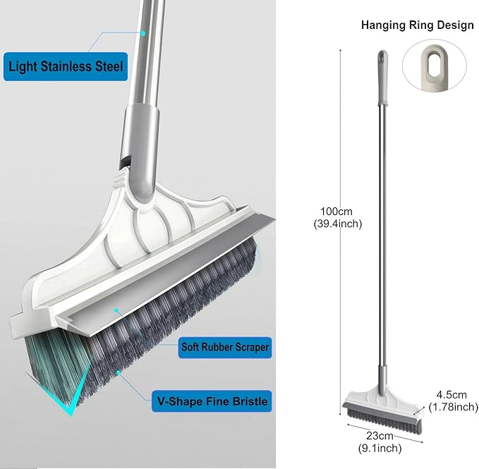 2 in 1 Floor Scrub Brush with V-Shape Stiff PVC Bristles, Stainless Steel Handle