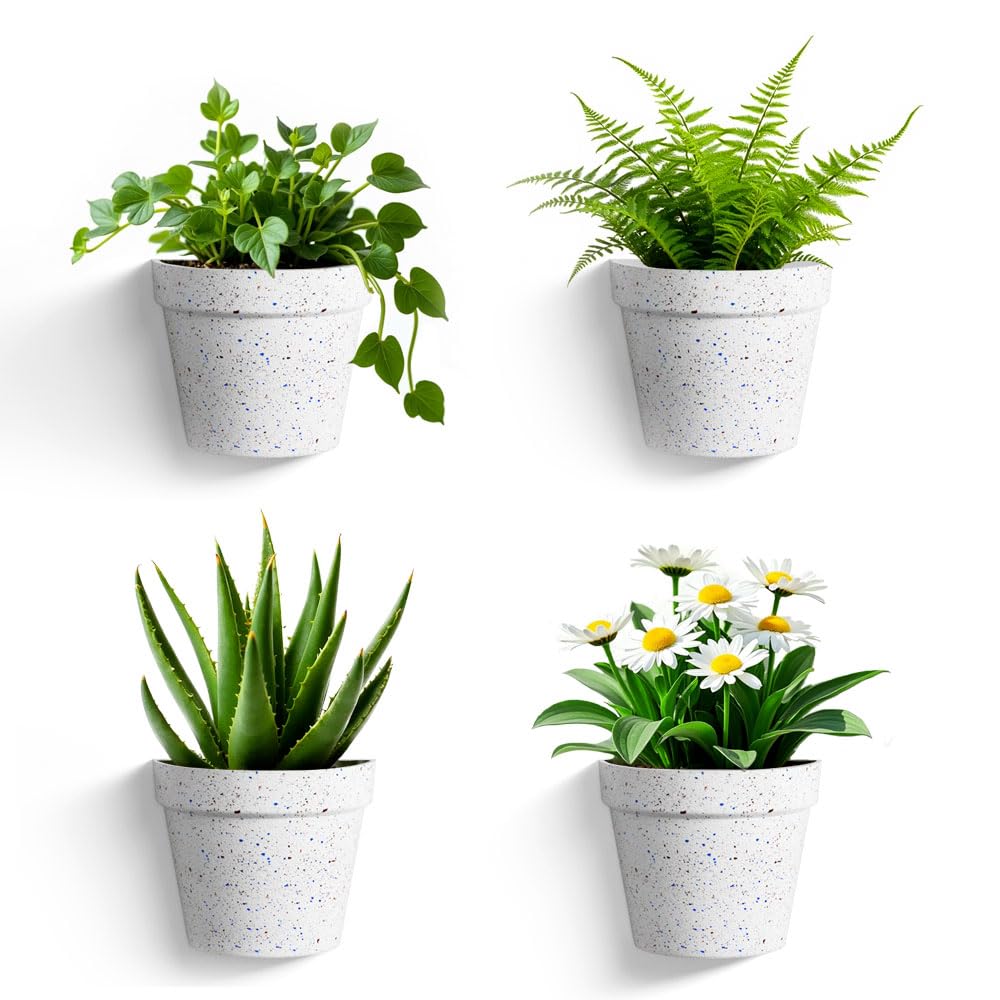 Asnext 2 Pack Plastic Wall Planter for Indoor Plants, 7.5 Inch Hanging Wall Planter Pots, Wall Mounted Succulent Planters (Speckled White)