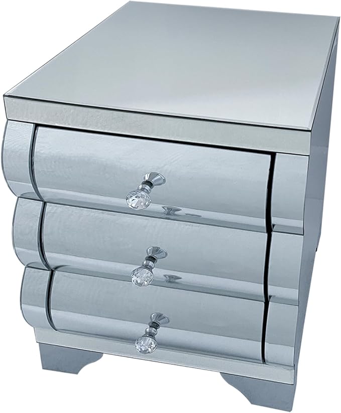 Curved Mirror Nightstand with 3 Drawer Glass Bedside Table
