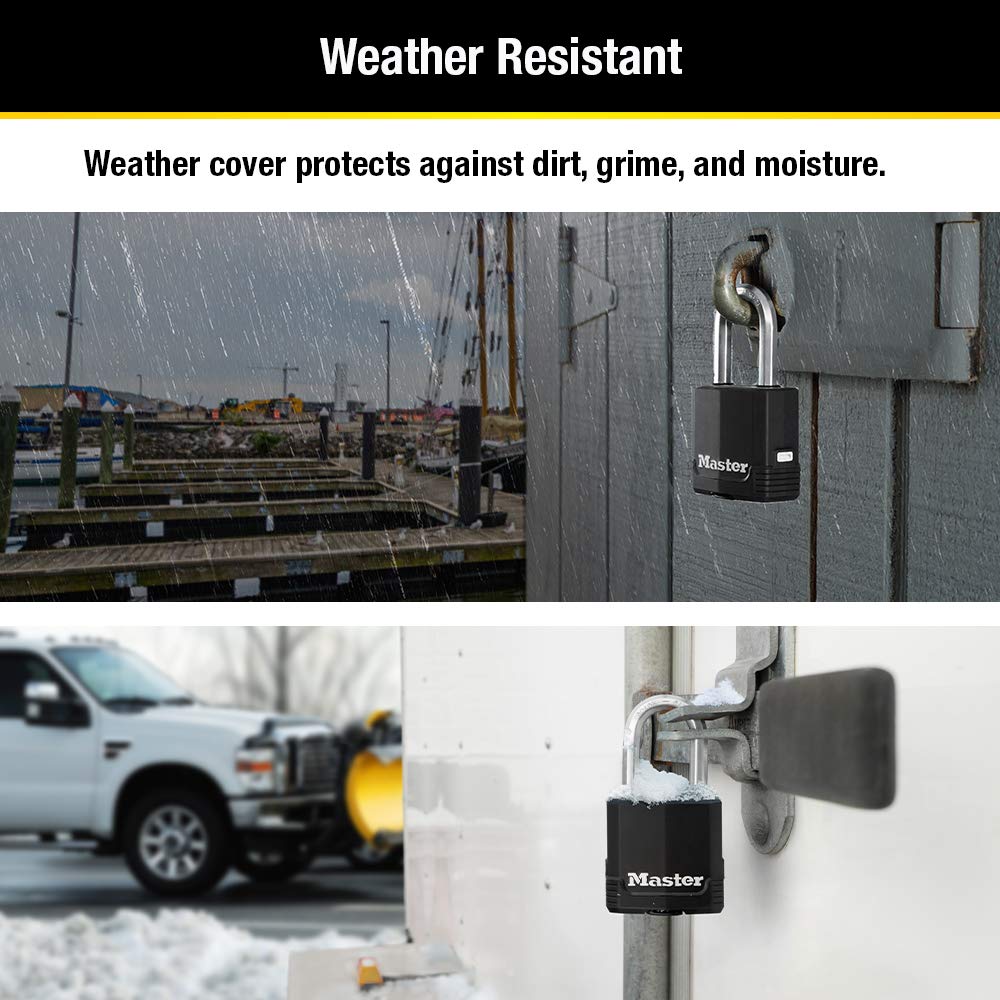 Master Lock Black Key Lock, Heavy Duty Weather Resistant Padlock with Cover, Keyed Alike Padlocks for Outdoor Use, 4 Pack, M115XQLF
