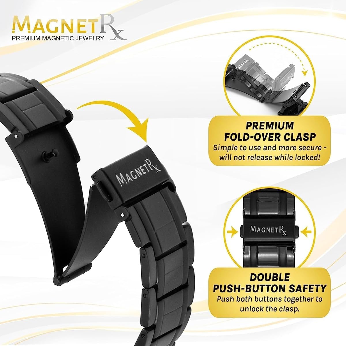 MagnetRX® 3X Strength Magnetic Bracelets for Men - Effective Titanium Magnetic Bracelet Men - Premium Fold-over Clasp & Adjustable Length with Sizing Tool & Gift Box (Black)