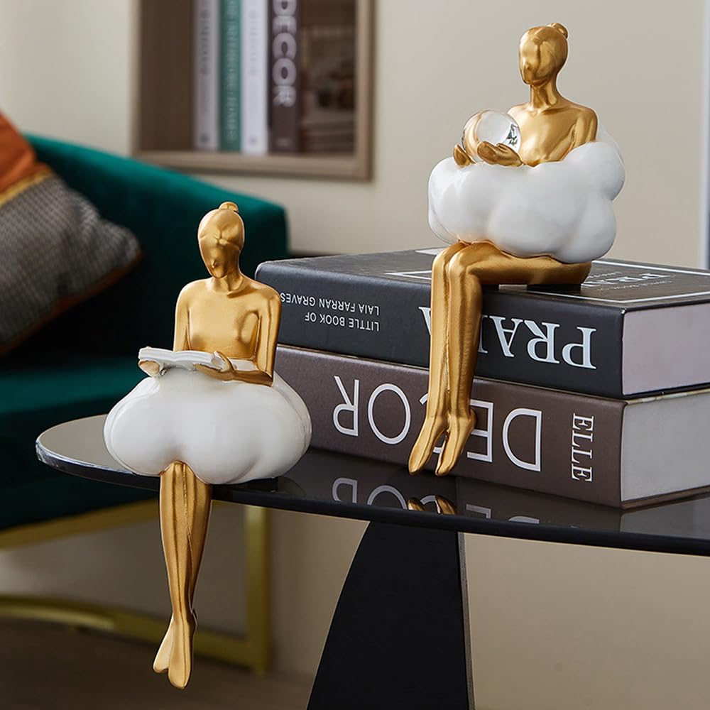 Rayberro Cloud Girl Sculpture, Tabletop Figure Decoration, Ballerina Girl Statue Home Office Living Rome Decor, Crystal Ball Reading Girls Figurines Desktop Ornaments Decorations Gift (A B Small)
