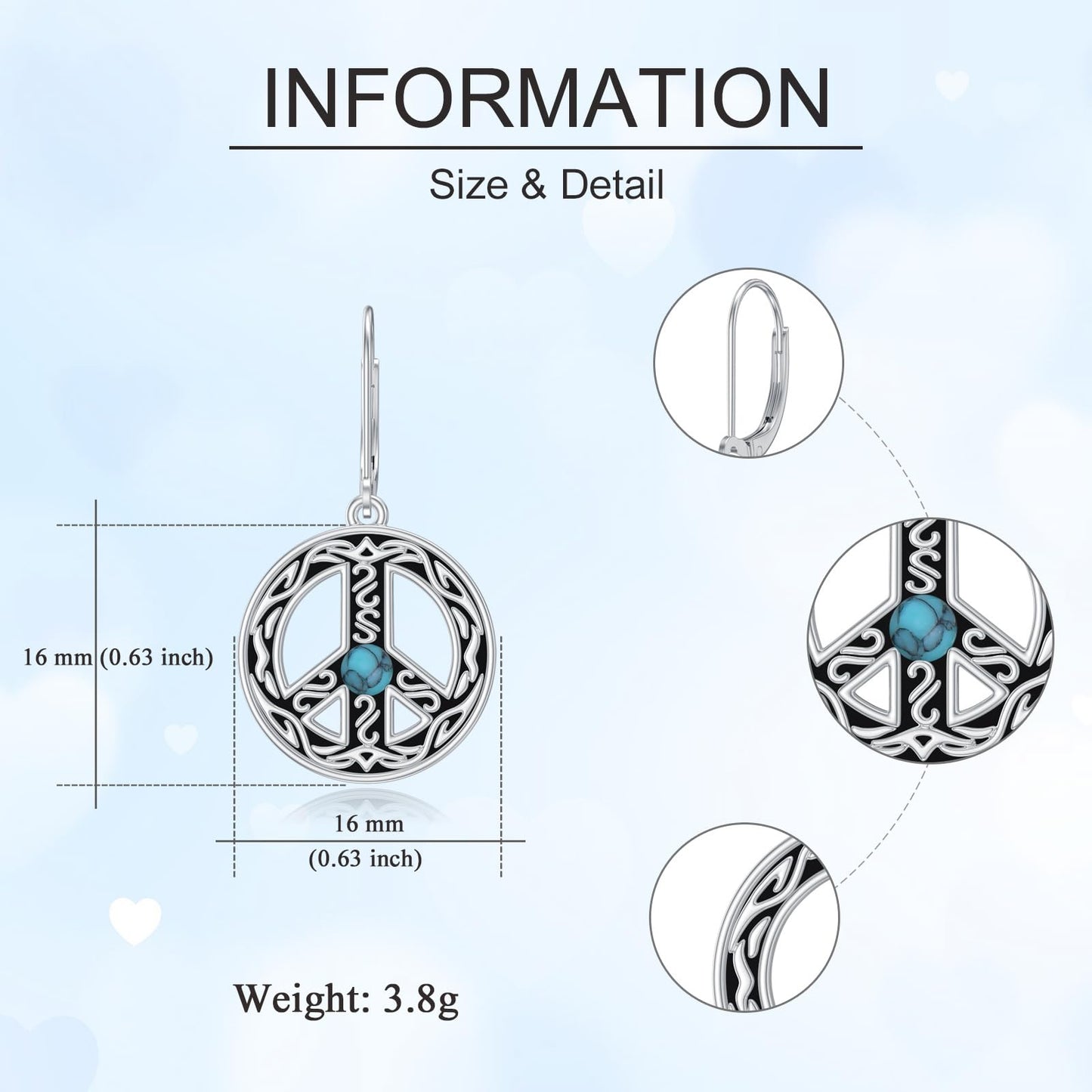 VONALA Peace Sign Earrings 925 Sterling Silver Hippe Peace Symbol Dangle Drop Dangling Earrings Turquoise Leverback Earrings Jewelry Gift for Women