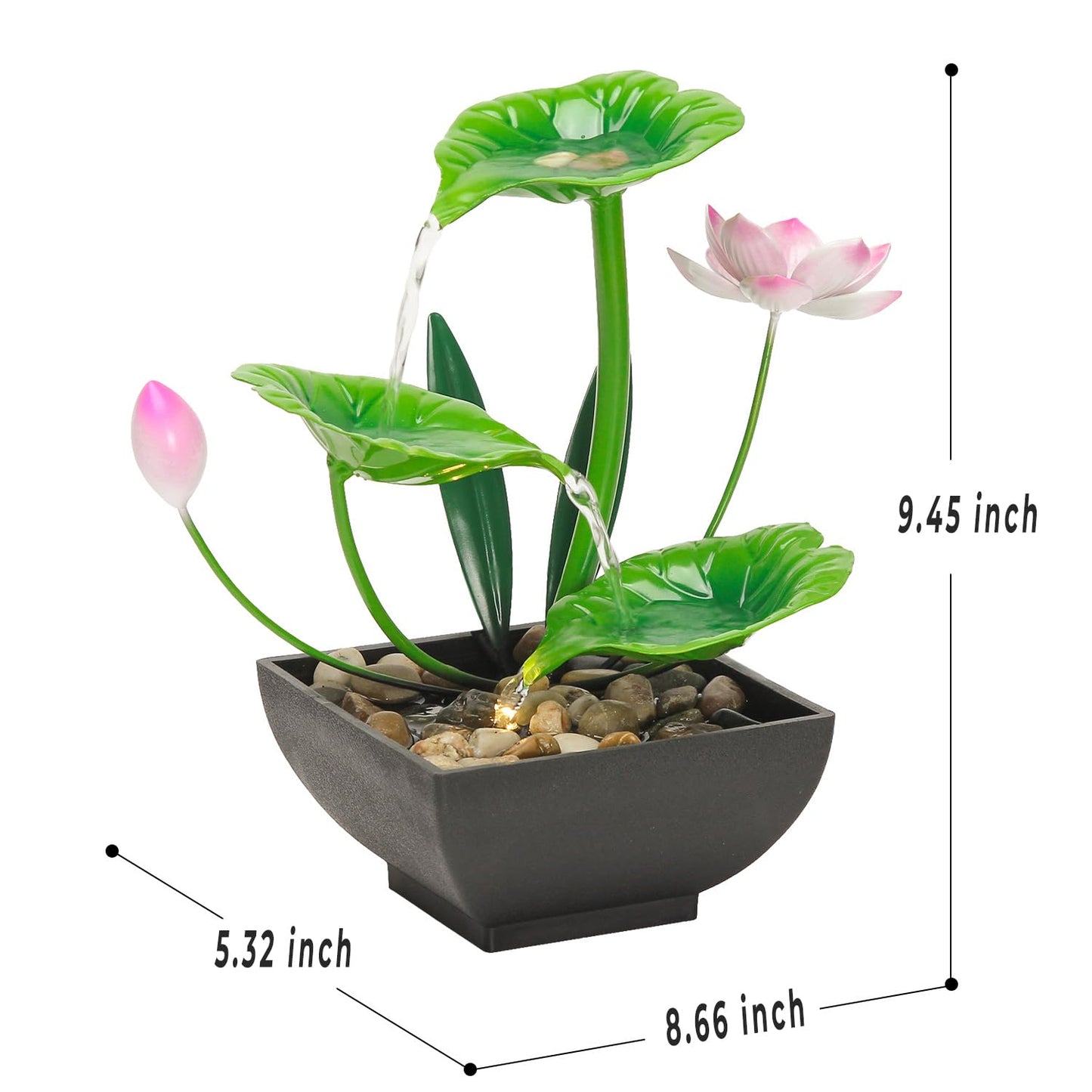 YOQUATE Water Fountain Indoor Waterfall Fountain 3-Tier Tabletop Fountain Lotus Desk Relaxation Home Decor Including Lots of Rocks and Soothing Sound Machine (Green 1)