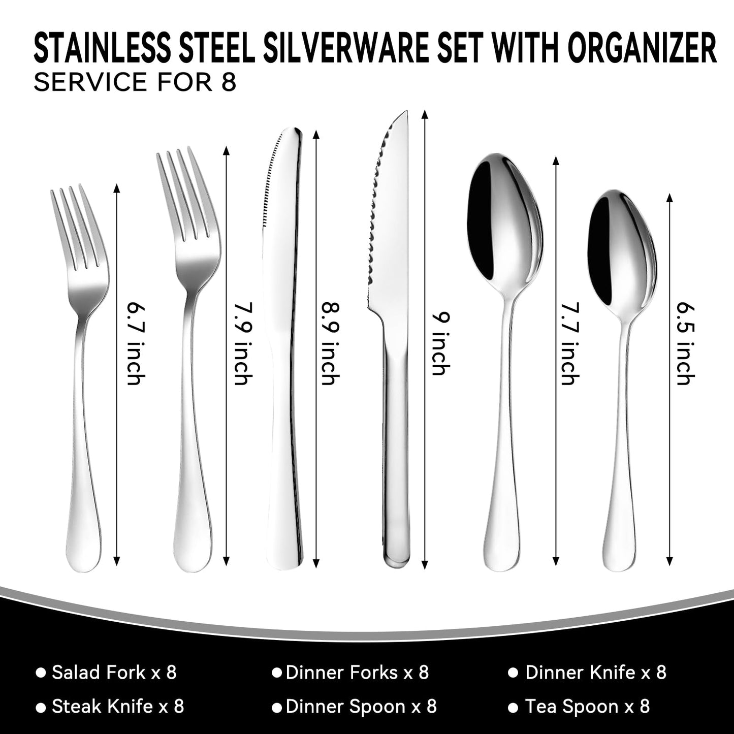 49-Piece Stainless Steel Silverware Set with Cutlery Organizer, Service for 8 with Steak Knives and Kitchen Utensils