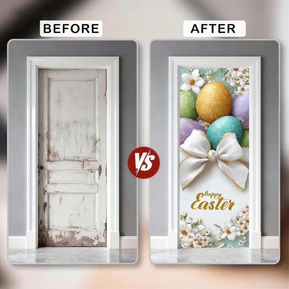 WDESYADMS Door Stickers 30.3x78.7 Inch PVC Easter Egg Floral Design Peel and Stick Decorative Door Cover for Home Entryway Bedroom Apartment Hallway Adds Seasonal Charm and Simple Festive Update
