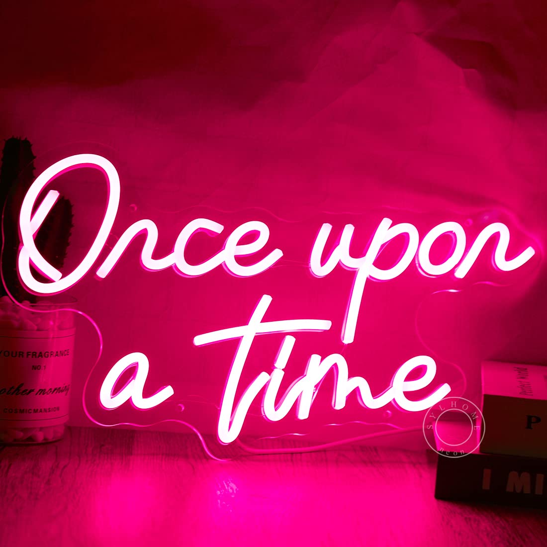 SYLHOME Once Upon A Time Pink LED Neon Light Sign Home Bedroom Kids Room Nursery Wall Decor Sign Words Art Wedding Birthday Bookshelf Decor Christmas Gifts 5V USB 15.8"X8.9"