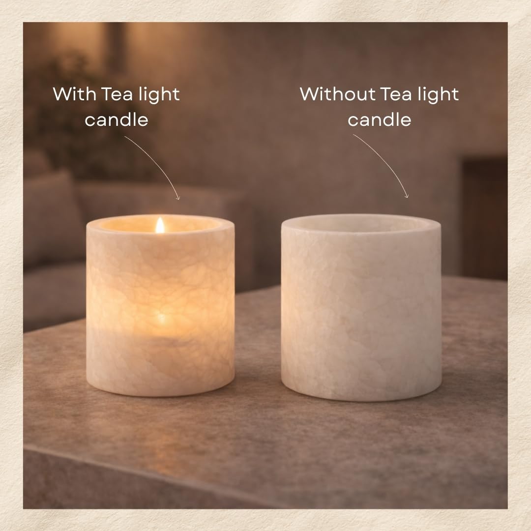 Single White Alabaster Candle Holder - Egyptian Tealight and Votive Candles Holders with Amber Glow for Home Décor - Natural Stone Soothing Tranquil
