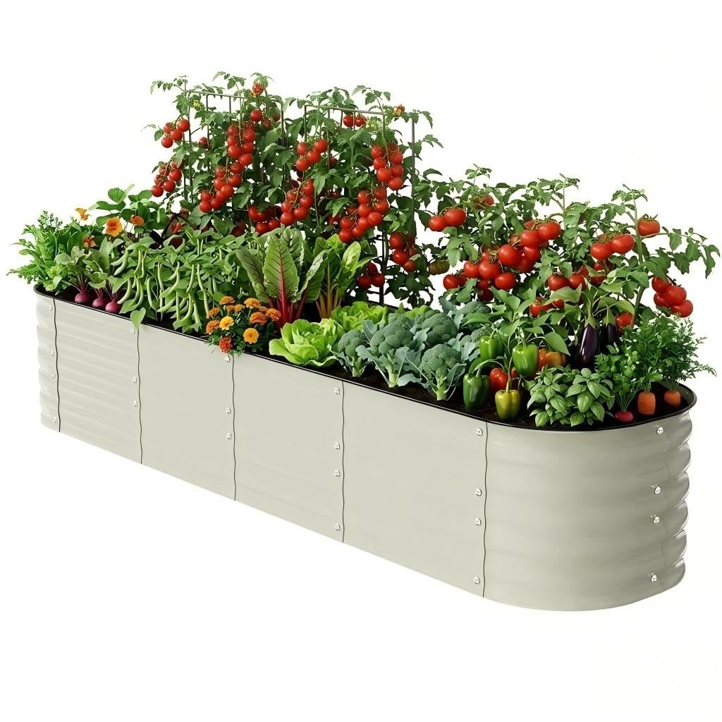 FarmGeo Raised Garden Bed Kit 8 x 2 x 1.4 ft, 9-in-1 Modular Metal Raised Garden Bed Outdoor, Powder-Coated Galvanized Planter Box for Vegetables, Herbs and Flowers (Cream White)