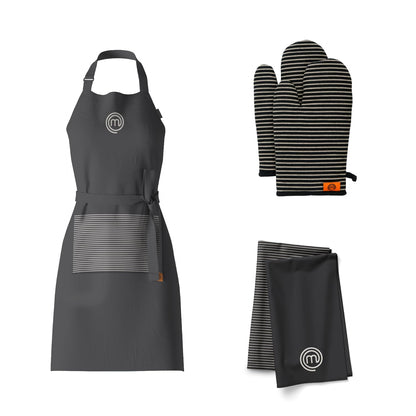 MasterChef Kitchen Set of Cooking Gifts for Men & Women, 5pc Set includes Chef Apron, Pair of Oven Mitts & 2 x Kitchen Towels, Premium Quality Cotton with Official Logo, Elite Black