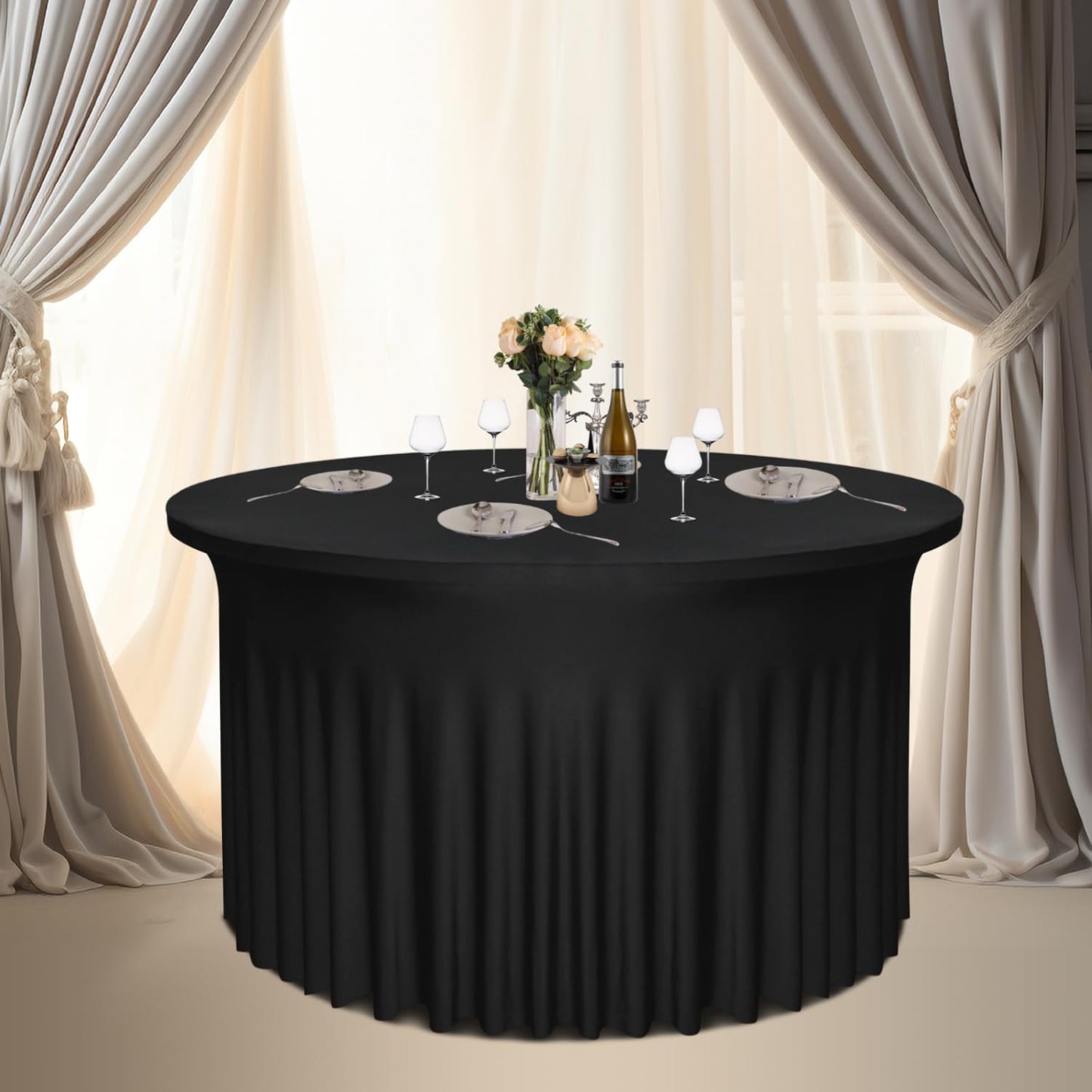 Yoquare 2 Pack 48" Diameter x 30" Height Black Table Skirt | Fits 4FT Round Tables |Polyester Spandex Round Table Cloths with Skirt|Stain 、Wrinkle Resistant、 for Wedding,Party,Dining,Banquet