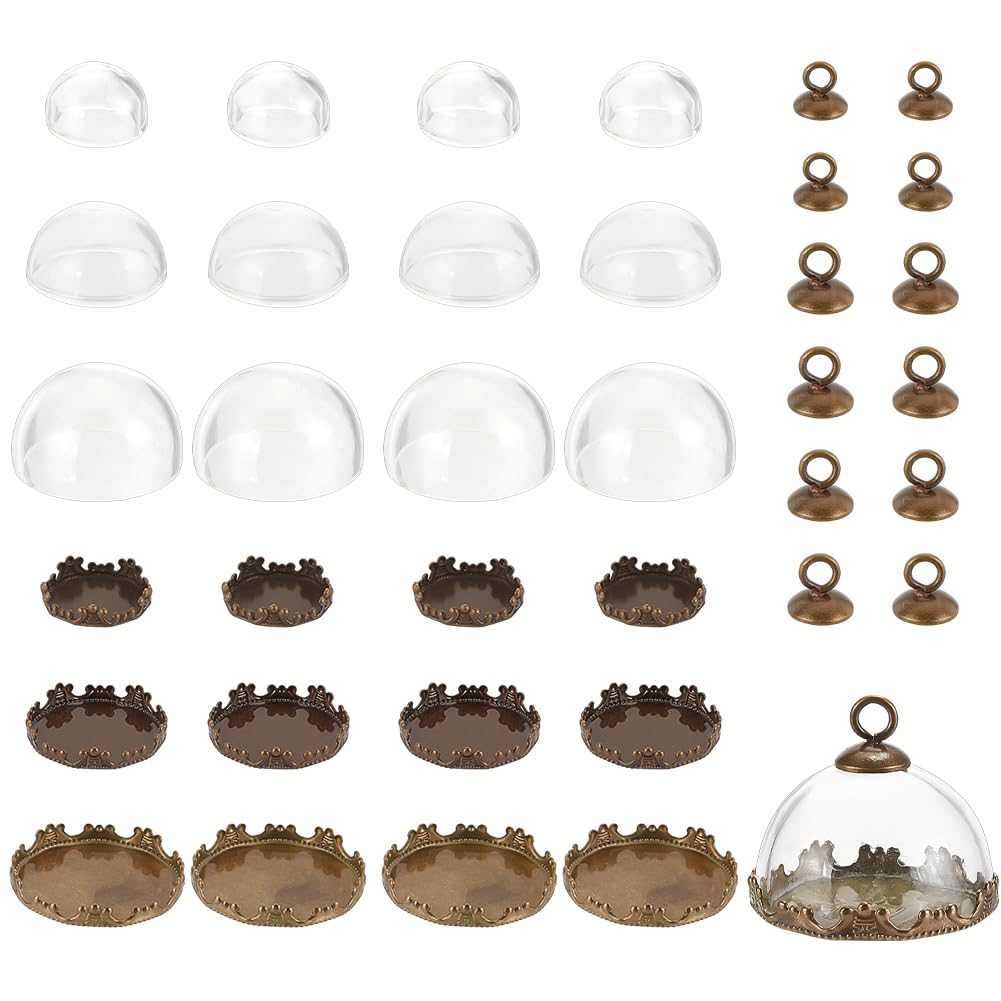 GOMAKERER 12 Sets 3 Sizes Mini Cloche Bell Jar, Round Glass Display Dome Cloche Pendant Glass Jars with Brass Base for Centerpieces Plants Rocks Specimens Decorations, 16.5mm 21mm 26mm in Diameter