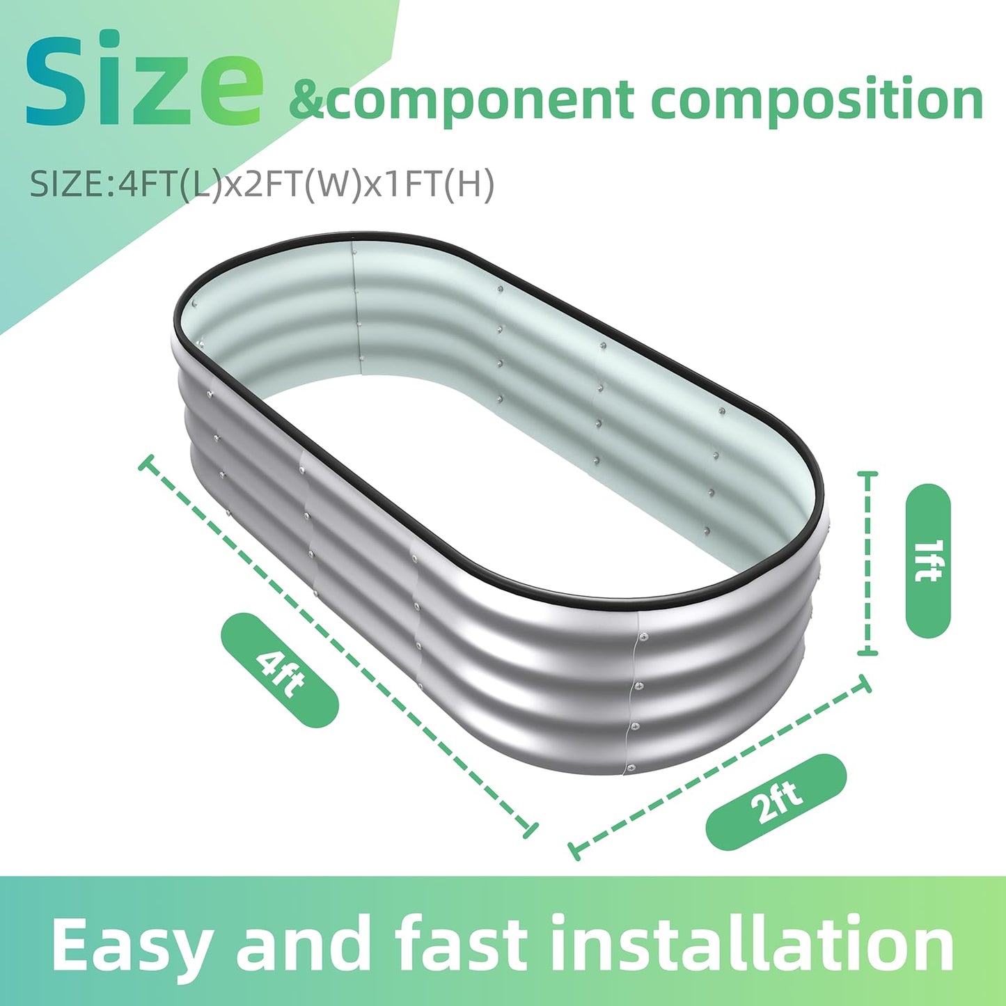 Lujsgntz 4x2x1 ft Oval Galvanized Metal Raised Garden Beds, Thickened Rust-Proof Flower Beds, Outdoor Plant Planter Boxes(Silver, 2PCS)